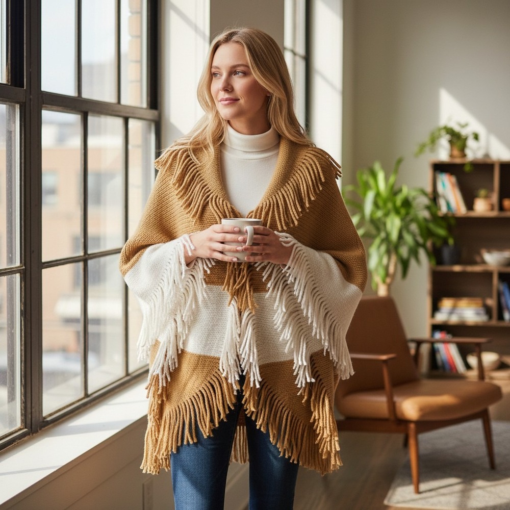 Riah Fashion Los Angeles Mustard Yellow Cream Fringe Knit Poncho Wrap One Size
